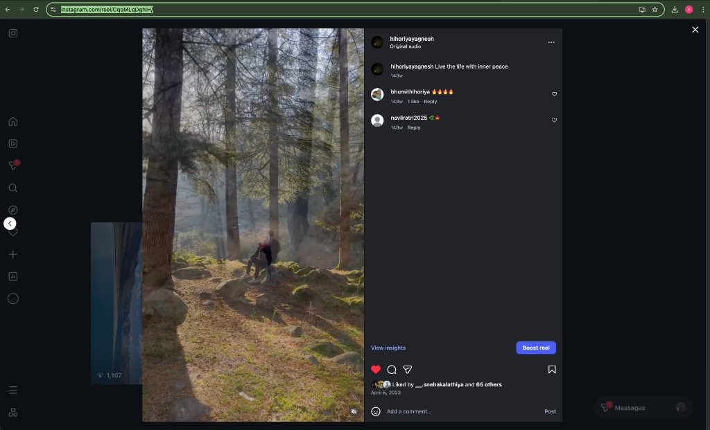Instagram reel page showing the post URL in the browser address bar