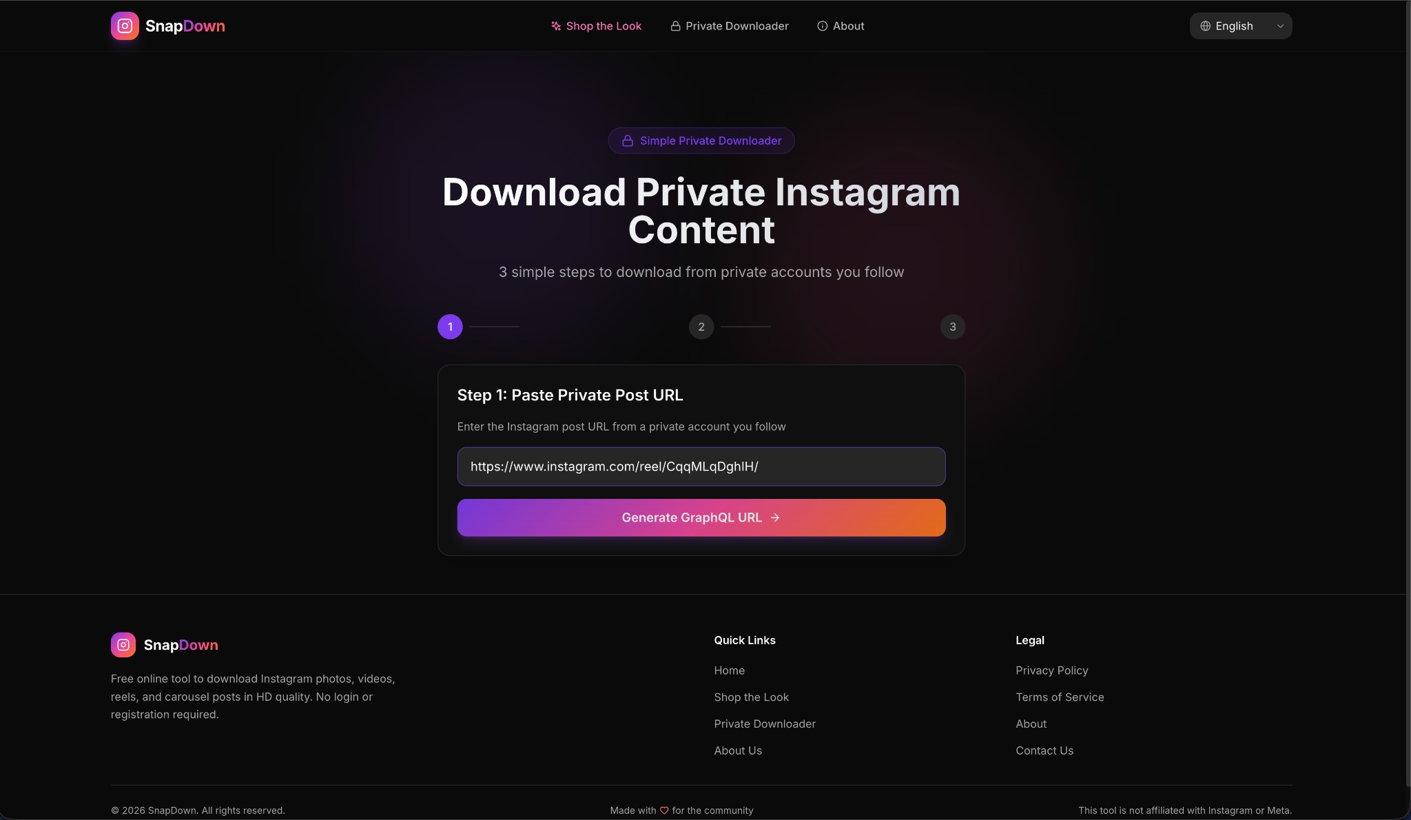 SnapDown Step 1 β Instagram URL pasted in the input field with Generate button